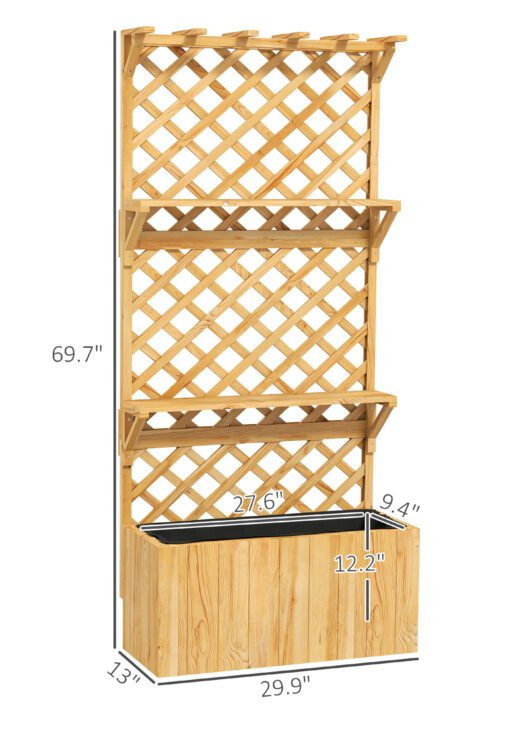 Raised Garden Bed, Wooden Planter with Trellis, Hanging Roof, Plant Shelf, Drainage Holes and Bed Liner, Natural