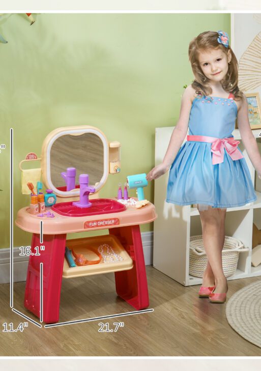 Kids Vanity Set with Mirror, LED Light, Music, 23 Accessories, Pretend Play Set for Girls 3-6 Years, Pink