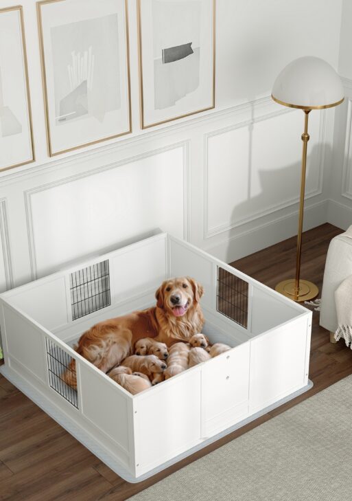 Dog Whelping Box with Washable Pee Pad, Adjustable Height Door, for Large Breed Dogs, 49" x 47" x 19"