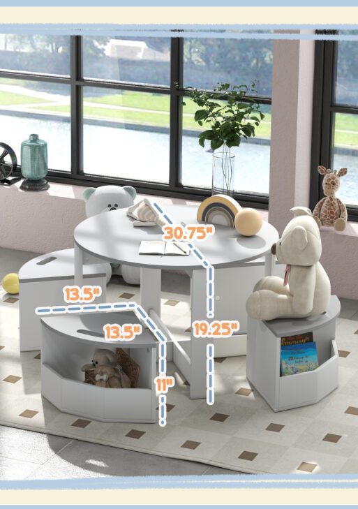 5 Piece Kids Table and Chairs Set with Storage for Art, Craft, Drawing, Playroom, Classroom, Nursery, Gray