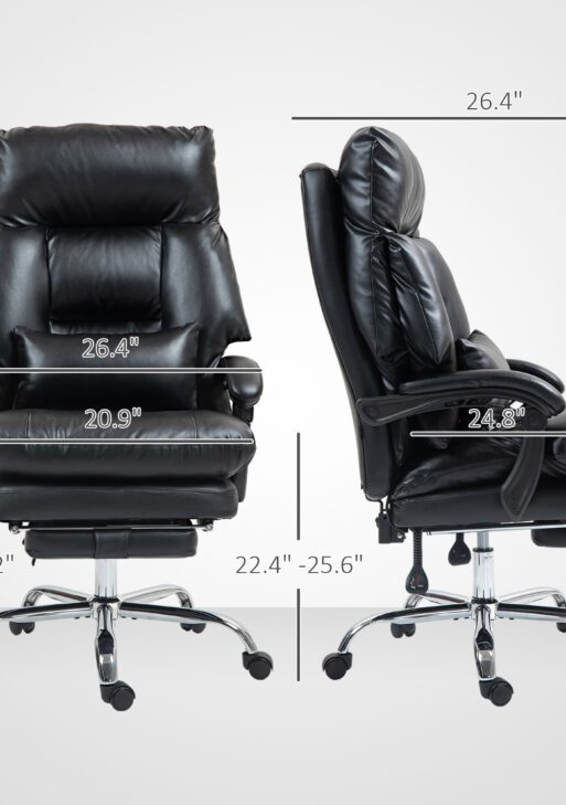 Overstuffed Office Chair, High Back Desk Chair with Foot Rest, Reclining PU Leather Computer Chair, Black