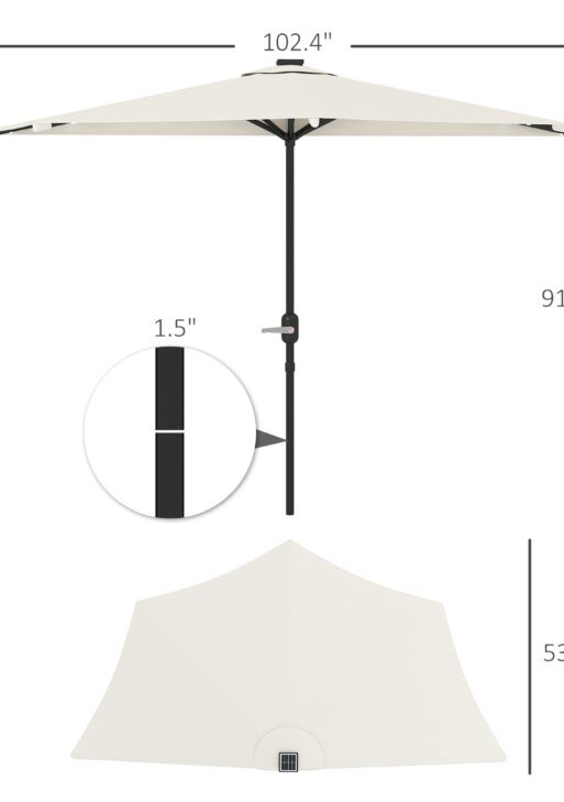 Half Outdoor Patio Umbrella, UPF 30+ Small Vented Half Patio Umbrella with Crank 8 Ribs for Balcony Porch Garden Deck Poolside, Cream White