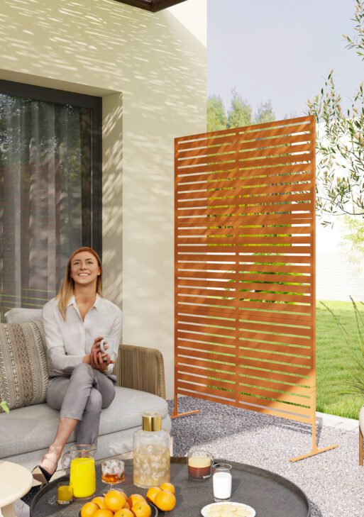 Decorative Privacy Fence Screen, Metal Outdoor Privacy Screen Climbing Plant Trellis with Stand, 78" H x 48" W, Brown