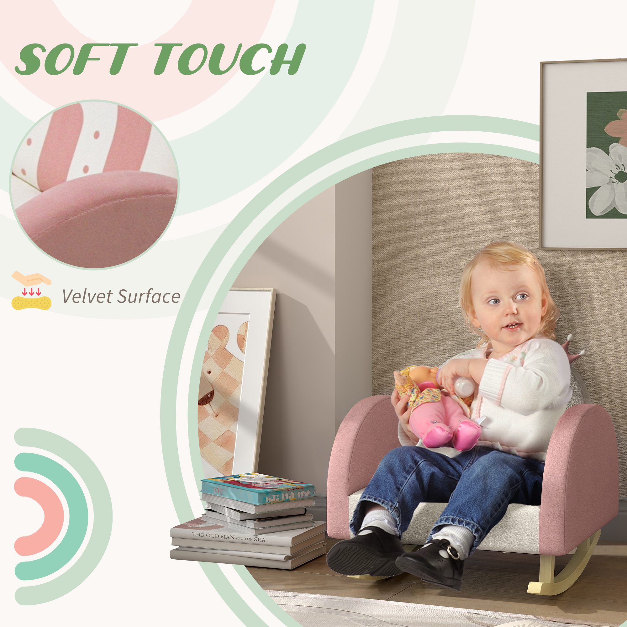 Kids Rocking Chair, Princess Crown Toddler Chair, Children's Armchair Rocker for Bedroom, Playroom, Pink - Image 4