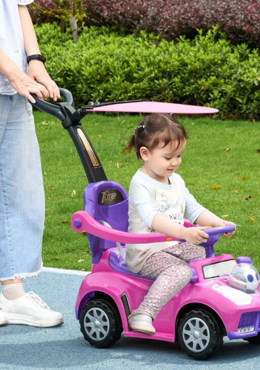 3 in 1 Push Car Sliding Car with Removable Handle, Music, Horn, Canopy, Safety Guardrail, Pink