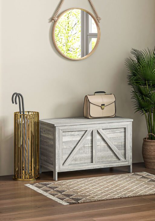 Storage Chest, Farmhouse Lift Top Box Organizer with Safety Hinge, for Bedroom, Entryway, Living Room, Gray Wood Grain