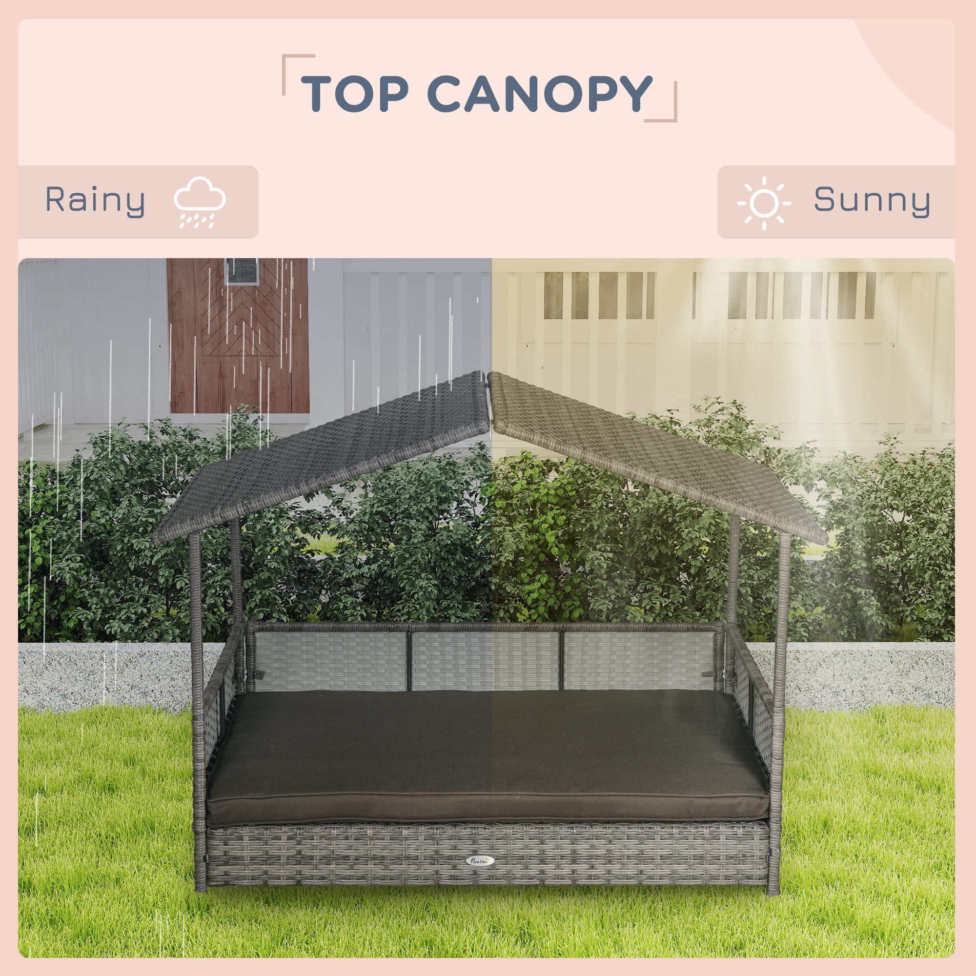 Outdoor Dog Bed with Canopy, Rattan Dog Bed with Soft Cushion Removable Cover for Medium and Large Dogs, Charcoal Gray - Image 4