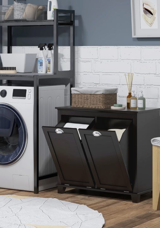 Bathroom Storage Cabinet, Tilt-Out Laundry Hamper with 2 Compartments, Black