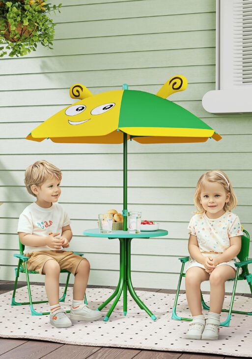 Kids Picnic Table and Chair Set, Outdoor Activity Table with Foldable Chairs, Height Adjustable Umbrella, Green