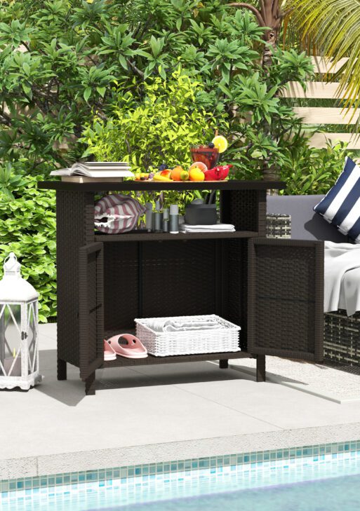 Wicker Outdoor Storage Cabinet with Two Doors and Shelf for Outdoor Pool Towel Storage, Dark Coffee