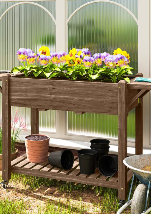 Wood Raised Planter Box, Elevated Garden Bed with Lockable Wheels, Side Tables, Bottom Shelf, Drain Holes, Carbonized