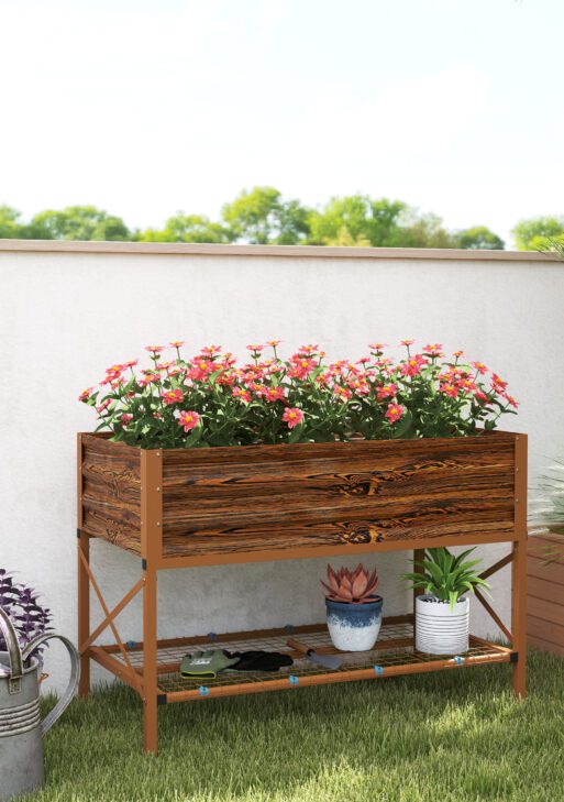 Galvanized Raised Garden Bed, Metal Planter Box with Legs, Storage Shelf and Bed Liner, Dark Brown