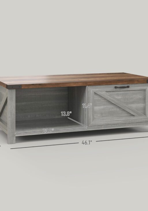 Coffee Table with Storage, Farmhouse Living Room Table with Storage Drawer and Open Shelf, Distressed Gray
