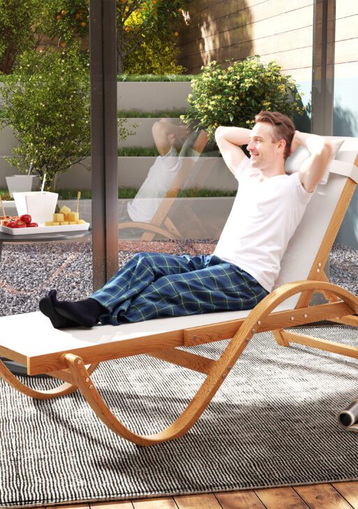 Larch Wood Lounge Chair, 4-Level Adjustable Tanning Chair, Full Flat Patio Lounger with Mesh Seat, Cream White