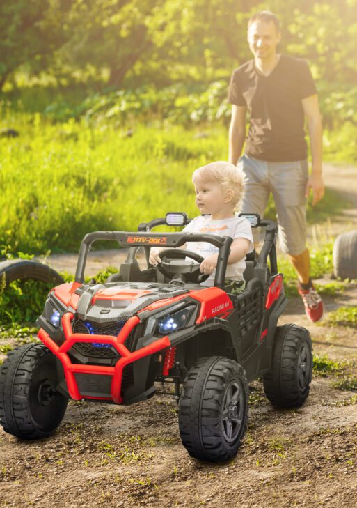 2 Seater 24V Kids Electric Car w/ Remote Control, 3 Speed, LED Lights, Music, Horn, Spring Suspension, Slow Start, Red