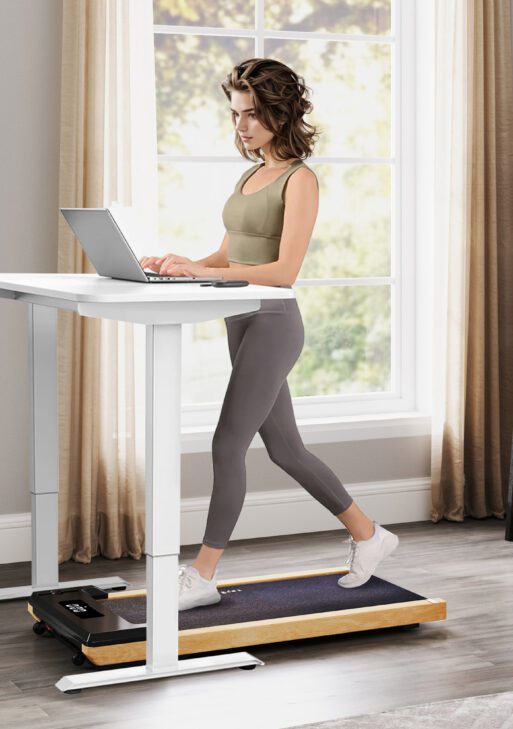 2.5HP Walking Pad, Wood Under Desk Treadmill with Remote Control, Transport Wheels and LED Display for Home Gym Office