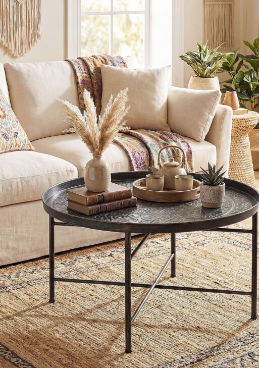 Coffee Table for Living Room, 24" Round Center Table with Hammered Tray Top and Metal Frame for Bedroom, Pewter