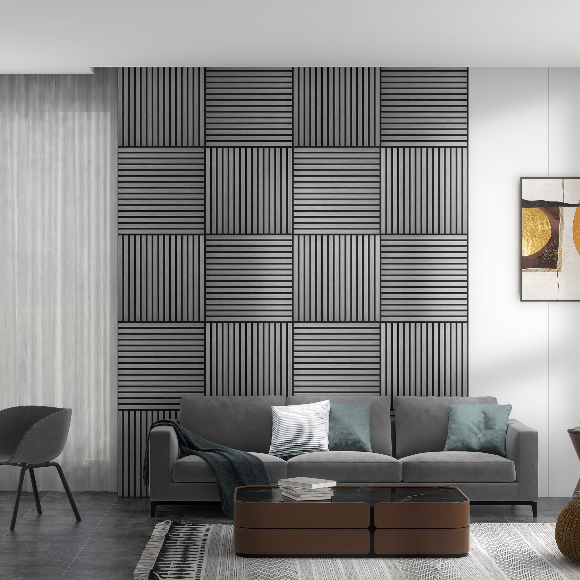 24"x24" Wood Panels for Wall, 4 Pack Acoustic Panels, Sound Absorbing Slat Wall For Interior Wall Decor, Home, Gray