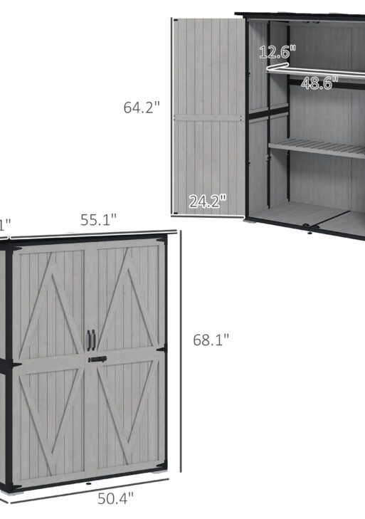 Wood Storage Shed, Outdoor Garden Shed with Asphalt Roof, 2 Shelves, Lockable Doors and Adjustable Feet, Gray