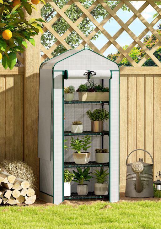 Mini Greenhouse with Screen Roof, 4 Tier Portable Small Greenhouse with High Strength PE Cover, White