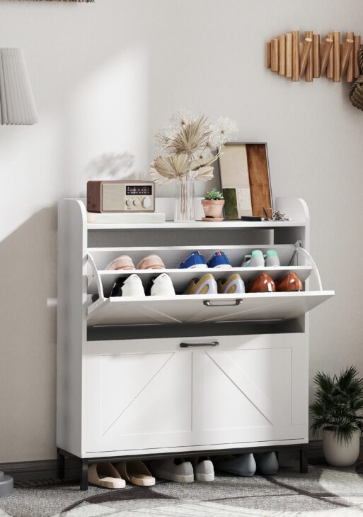 Shoe Cabinet Organizer with 2 Flip Drawers, Legs, Narrow Shoe Storage Cabinet for Entryway, Hallway, White