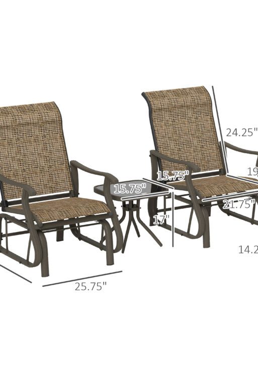 3-Piece Outdoor Gliders Set Bistro Set with Steel Frame, Tempered Glass Top Table for Patio, Garden, Light Mixed Brown