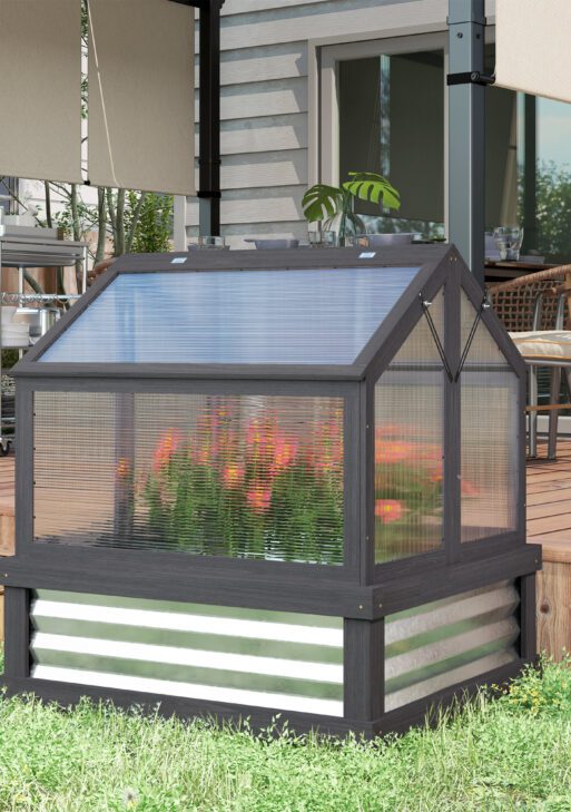 Raised Garden Flower Bed Kit with Greenhouse, Wooden Cold Frame Planter, 35.5" x 31.5" x 36", Gray