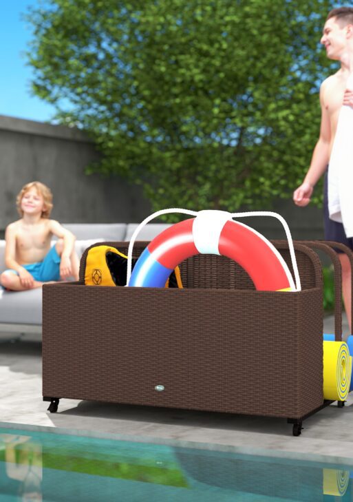 PE Rattan Pool Float Storage Organizer with Wheels, Brown