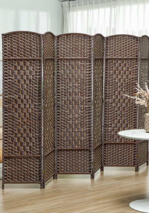 Folding Room Divider Screen 6 Panel 6' Tall Privacy Screen Freestanding Wood Partition for Home Office, Brown
