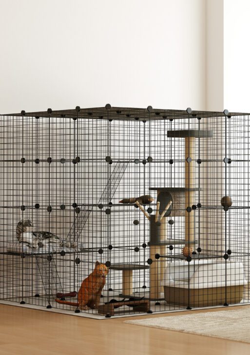 Detachable Metal Cat Cage with Platforms, Ramps, Accessories, for 1-3 Cats, 55", Black