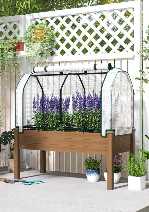 Raised Garden Bed with PE Greenhouse Cover Outdoor Planter Box for Herbs and Vegetables, 48 x 22 x 46 inch, Brown