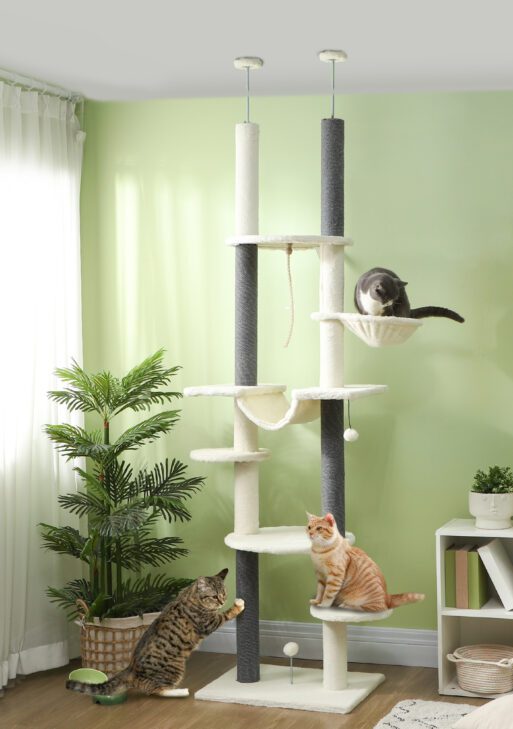 89"- 100" Floor to Ceiling Cat Tree with Scratching Posts, Hammock, Perches & Toy Balls, White
