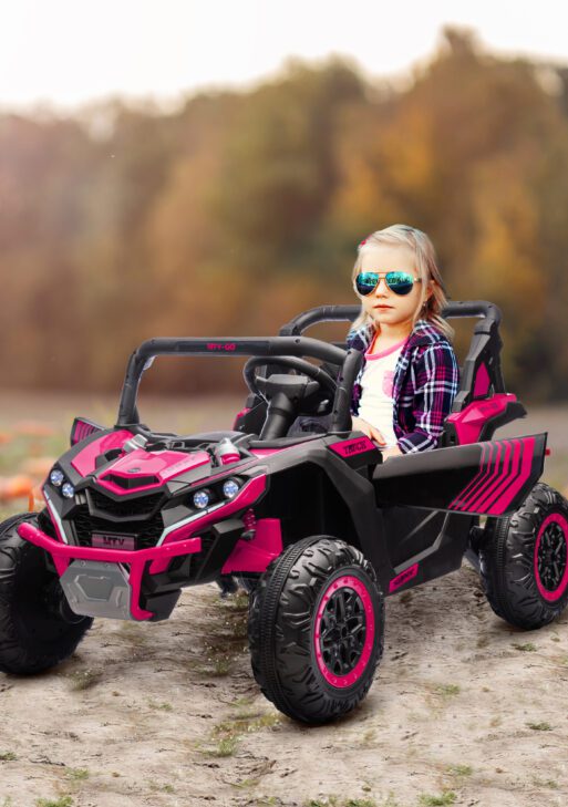 24V 7AH Ride on Car, 2 Seater 4 MPH Ride on UTV with 4 Shock Absorbers, Music Horn LED Lights, for 3-8 Years, Pink