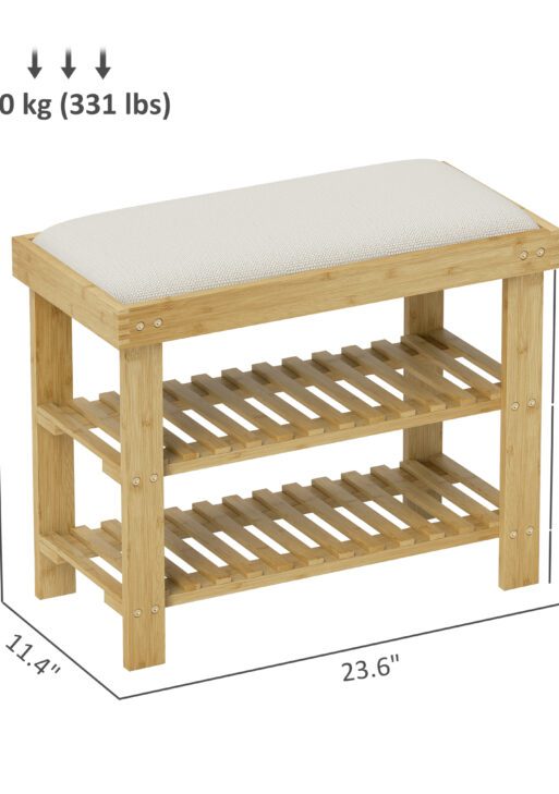 Bamboo Shoe Storage Bench, 3-Tier Entryway Bench with Cushion, Shoe Organizer for Entryway, Hallway, Cream White