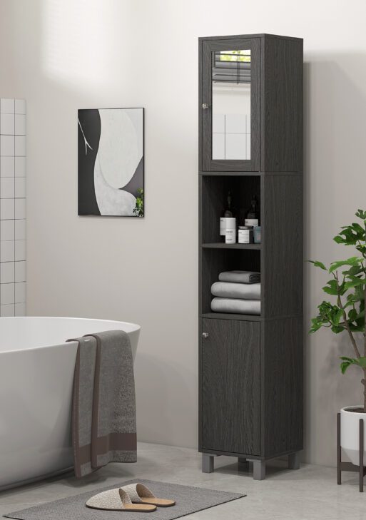 Tall Bathroom Cabinet w/ Mirror, Narrow Bathroom Storage Cabinet, Slim Linen Tower w/ Doors & Adjustable Shelves, Gray