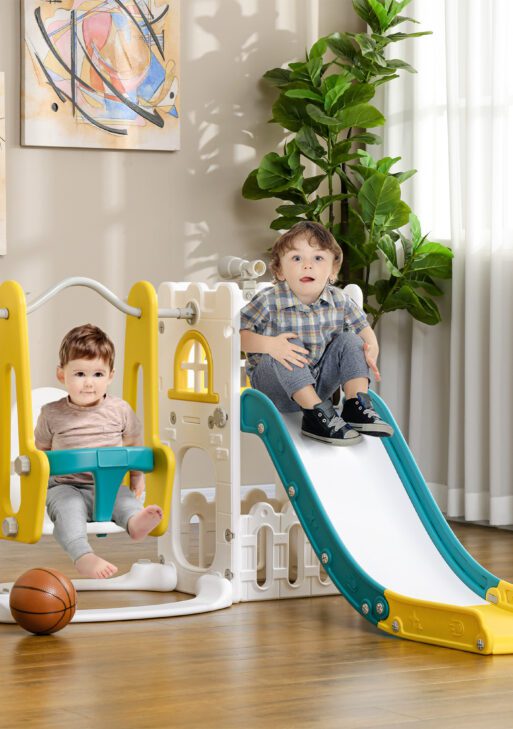 6 in 1 Toddler Slide and Swing Set Indoor for Age 1-3 Years w/ Basketball Hoop, Climber, Storage Telescope, Yellow