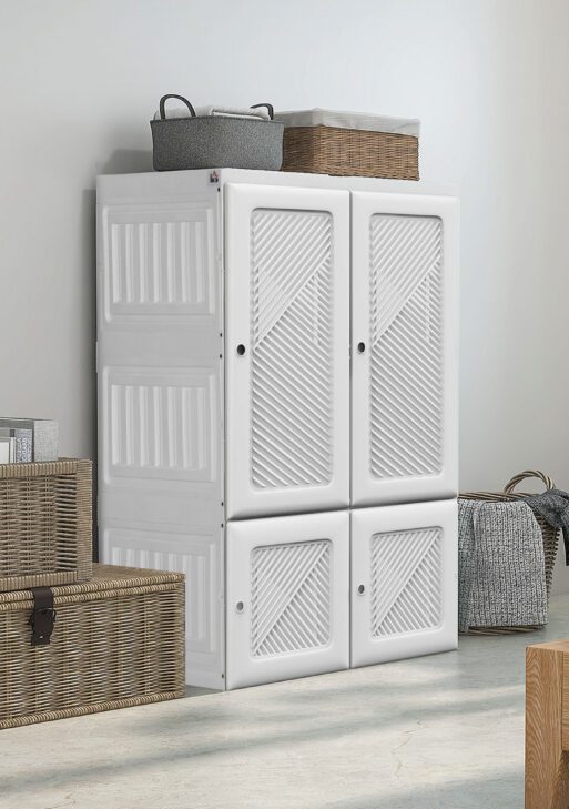 Portable Wardrobe, Foldable Clothes Storage Organizer with 6 Compartments, Magnet Doors, Easy Assembly, White
