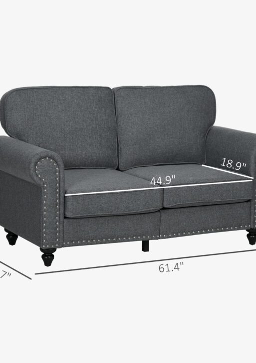 Mid Century Modern Loveseat Sofa, 2 Seater Small Couch with Nailhead Trim, for Living Room, Bedroom, Charcoal Gray
