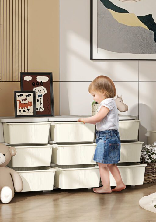29.5" 3 Tier Kids Storage Unit Dresser Tower w/ 9 Drawers, Cream White