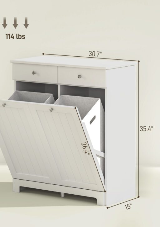 Laundry Hamper Cabinet, Laundry Cabinet with 2 Tilt Out Laundry Baskets and 2 Drawers, White