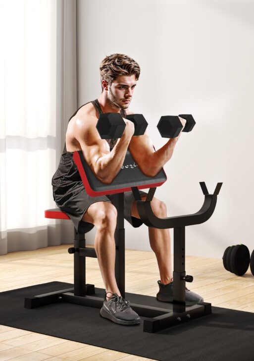 265 LBS Preacher Curl Bench for Strength Training, Adjustable Seated Arm Isolated Barbell Dumbbell Bicep Station, Black