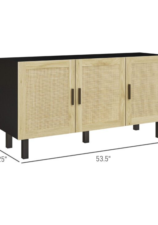 Boho Kitchen Cabinet, Buffet Cabinet with 3 Rattan Doors and Adjustable Shelves for Dining Room, Black and Natural