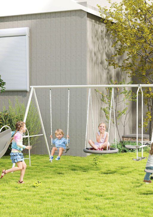 5 in 1 Kids Swing Set for Backyard with Heavy-Duty A-Frame Stand, Saucer Swing, Slide, Seesaw, Glider, Swing Seat, Gray