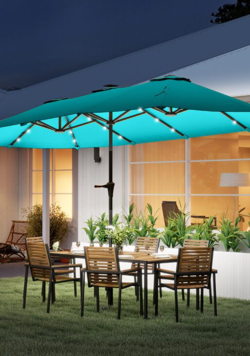 13ft Double-Sided Market Umbrella, Large Patio Umbrella with Solar Lights, Crank Handle for Garden, Pool, Yard, Blue