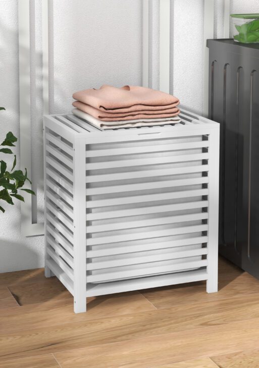 55 L Bamboo Laundry Basket with Lid, Cloth Hamper with Removable Liner Bag, 19.75 x 14.25 x 23.5 Inches, White