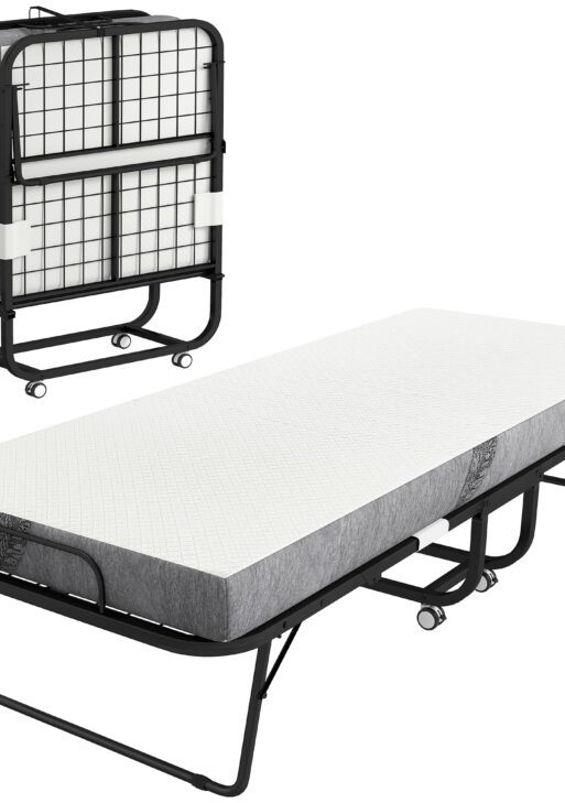 Folding Bed with Mattress for Adults, Single Size, Portable Foldable Bed with Memory Foam Mattress & Steel Frame, White