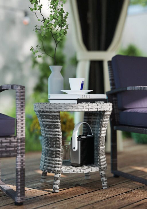 18" Wicker Outdoor Coffee Table, PE Rattan Patio Side Table with 2-Tier Storage, Composite Wood Top, Mixed Gray