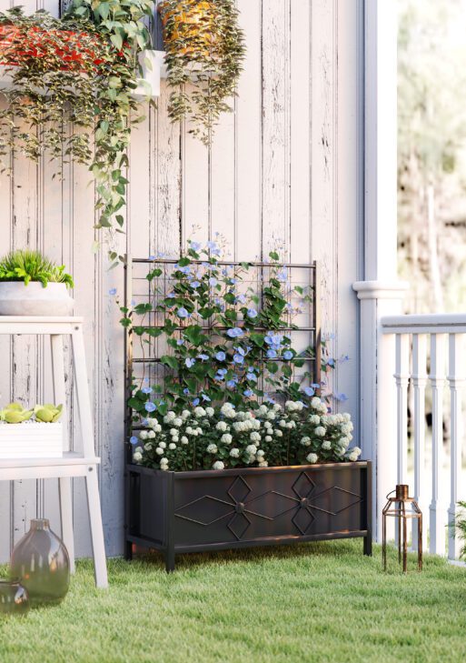 Outdoor Planter Box Galvanized Raised Garden Bed with Trellis for Climbing Vines, 35.4" x 15.7" x 47.2", Black