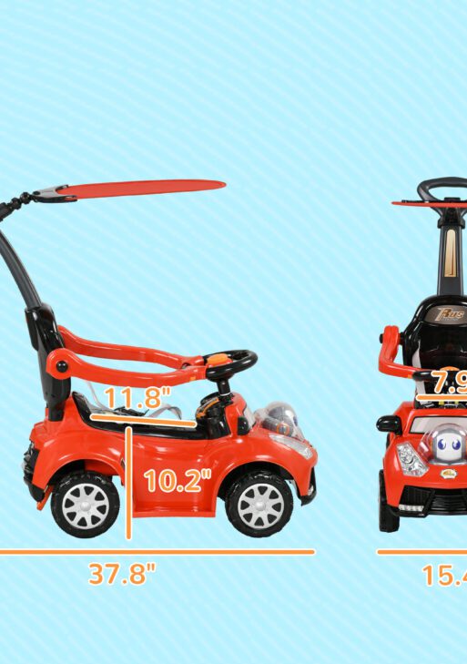 3 in 1 Push Car Sliding Car with Removable Handle, Music, Horn, Canopy, Safety Guardrail, Red