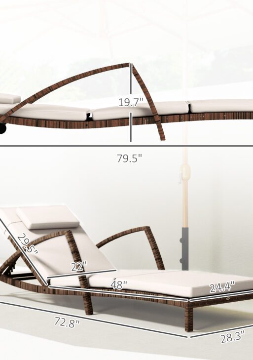 Set of 2 Wicker Chaise Lounge Chair Outdoor Patio Lounger with 5 Adjustable Back, Wheels, Cushion, and Armrests, Beige